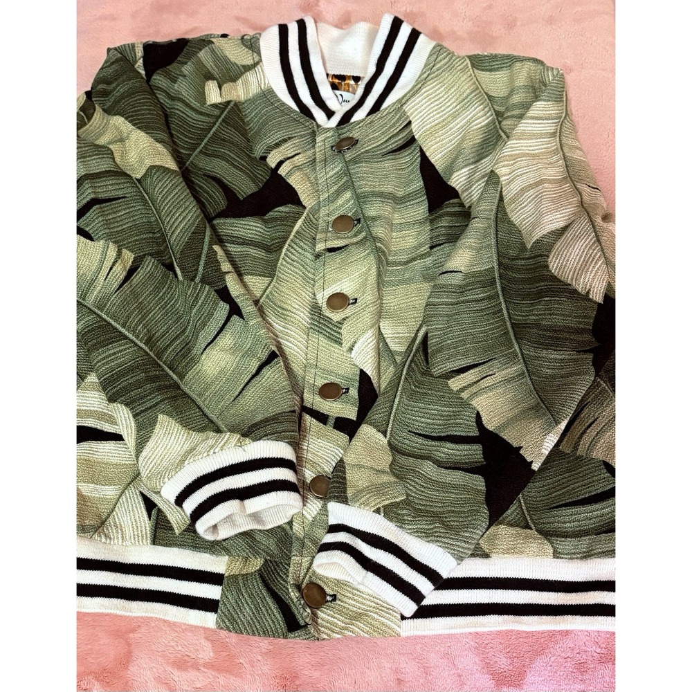 Jungle Gurl Jacket Jr Size Large Artsy Olive Green Banana Leaf Baseball Jacket‎